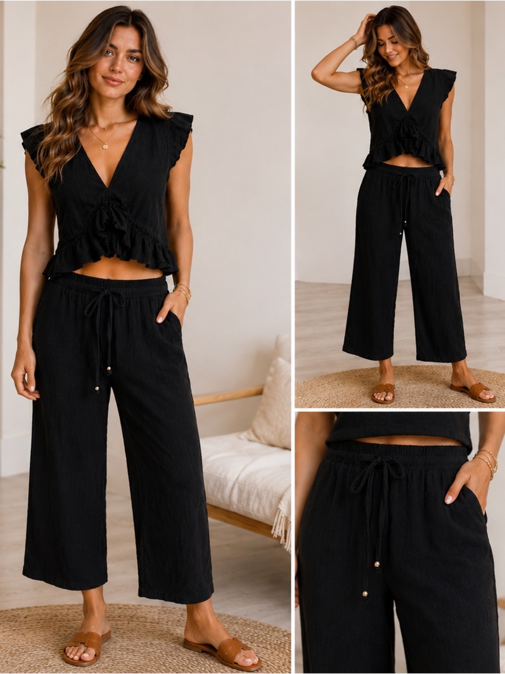Fancyinn Black Wide-Leg Drawstring Pants & Ruffle Crop Top Set